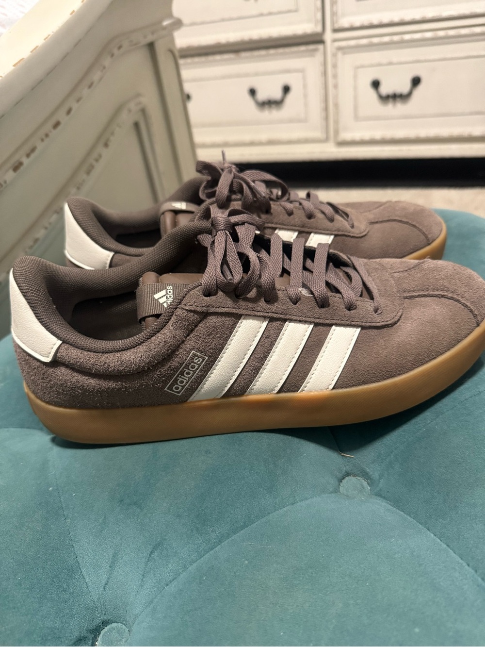 RESALE: Adidas Women’s brown Suede Sneakers with White Stripes